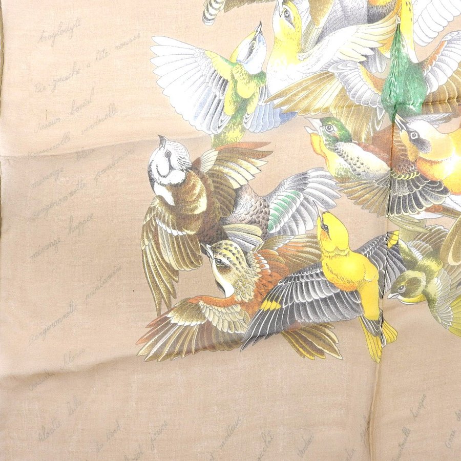 Hermes Scarf L'intrus 90 cm Chiffon Silk mousseline bird beige muslin 35"