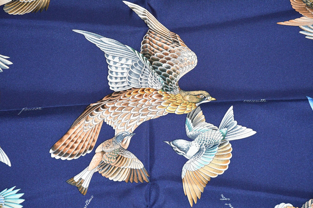Hermes Scarf L'intrus Silk 90 cm navy blue invader bird forest Carre 35"