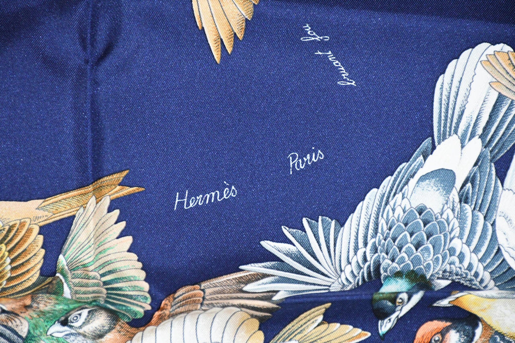Hermes Scarf L'intrus Silk 90 cm navy blue invader bird forest Carre 35"