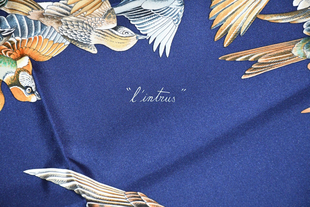 Hermes Scarf L'intrus Silk 90 cm navy blue invader bird forest Carre 35"