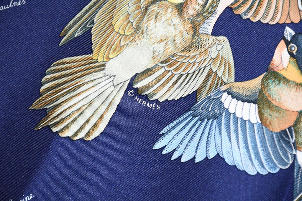 Hermes Scarf L'intrus Silk 90 cm navy blue invader bird forest Carre 35"