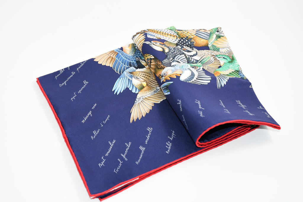 Hermes Scarf L'intrus Silk 90 cm navy blue invader bird forest Carre 35"