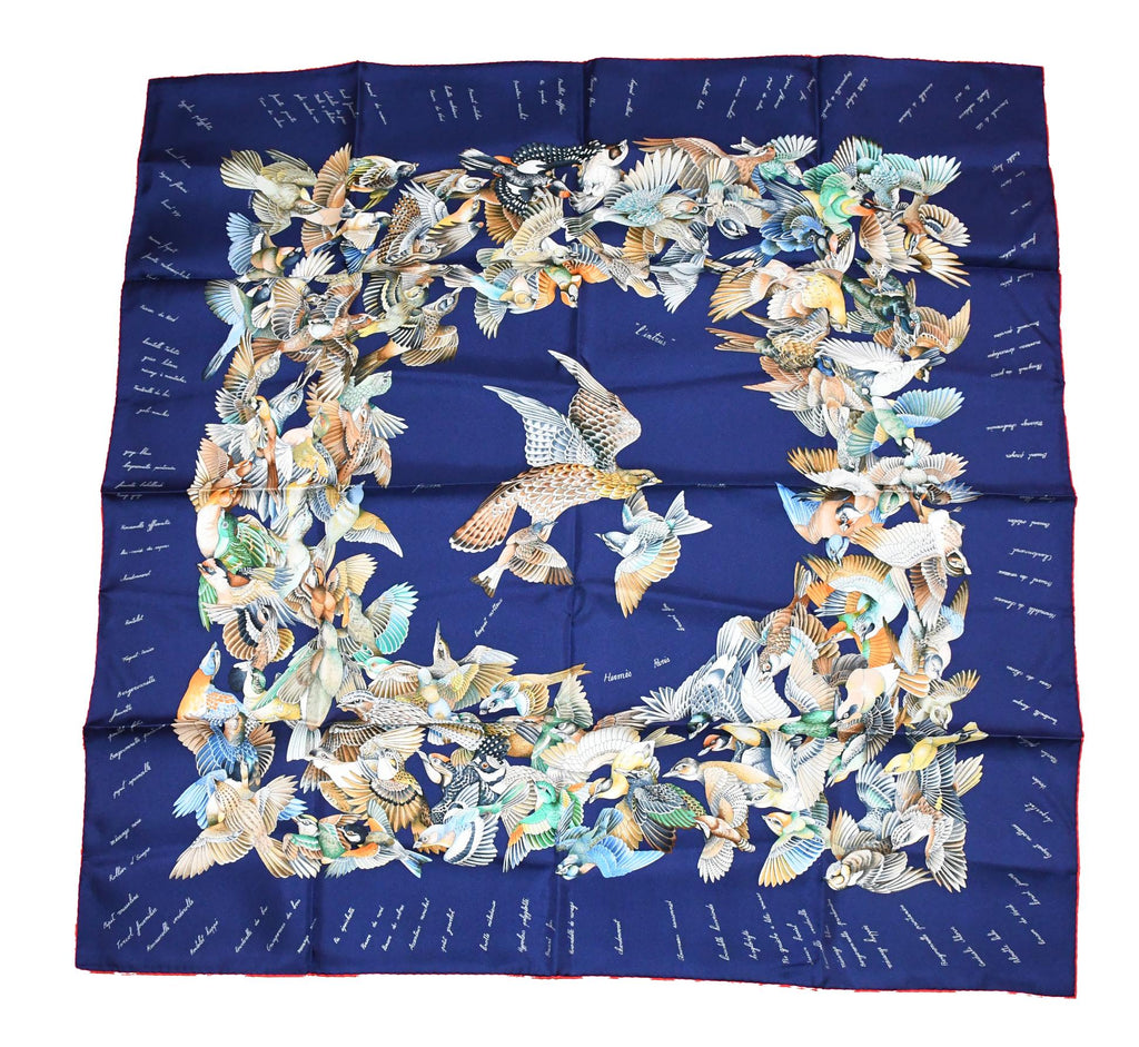 Hermes Scarf L'intrus Silk 90 cm navy blue invader bird forest Carre 35"