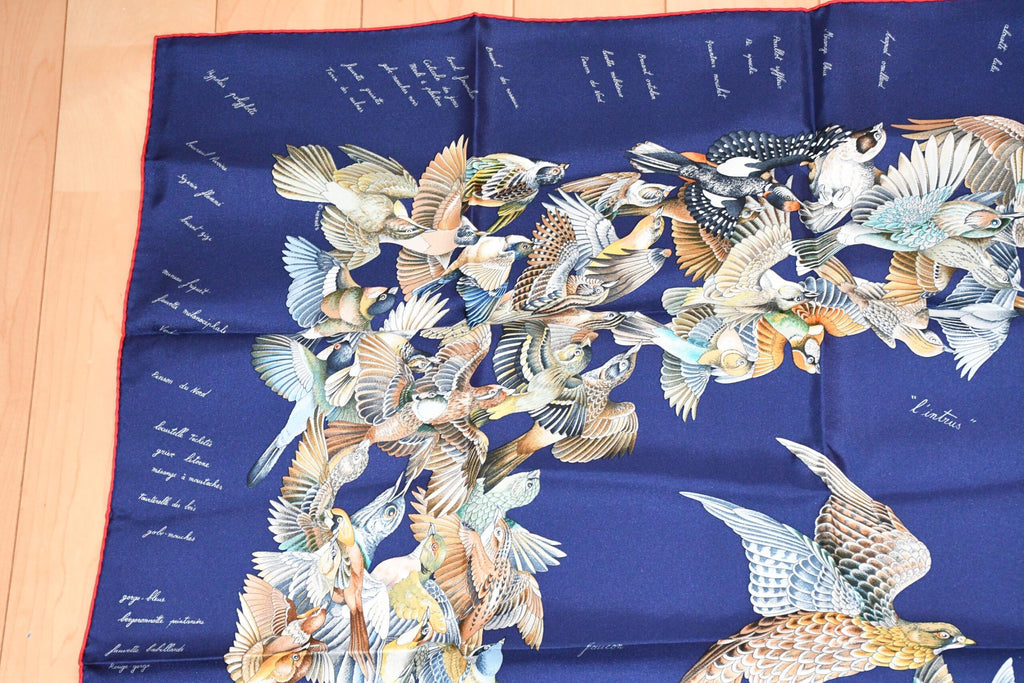 Hermes Scarf L'intrus Silk 90 cm navy blue invader bird forest Carre 35"