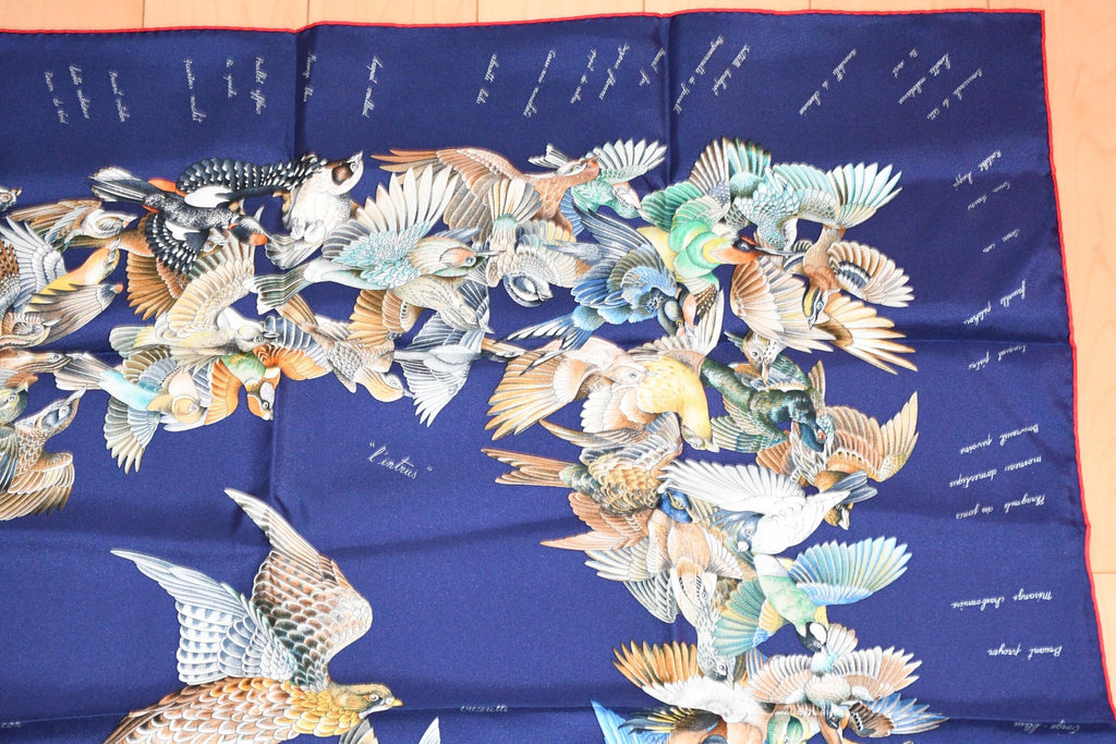 Hermes Scarf L'intrus Silk 90 cm navy blue invader bird forest Carre 35"