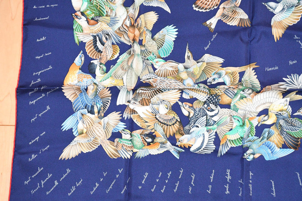 Hermes Scarf L'intrus Silk 90 cm navy blue invader bird forest Carre 35"