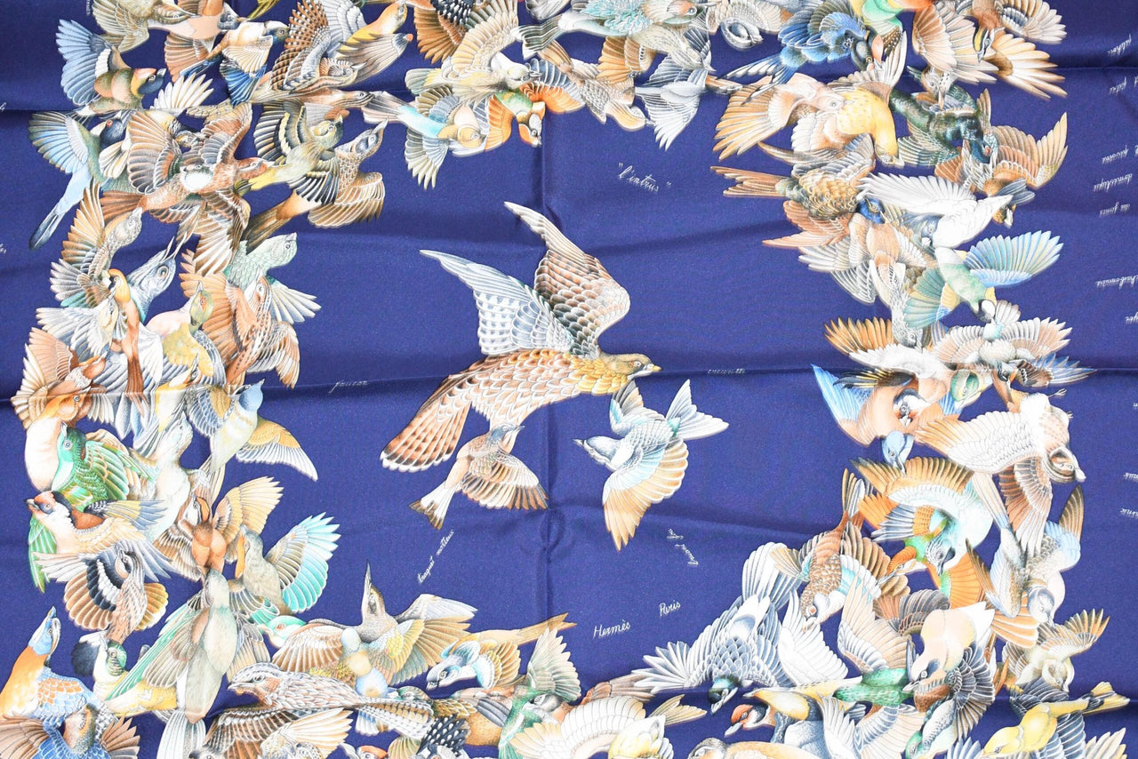 Hermes Scarf L'intrus Silk 90 cm navy blue invader bird forest Carre 35"