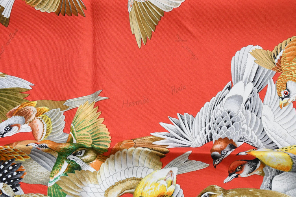 Hermes Scarf L'intrus Silk 90 cm red invader bird forest Carre 35"