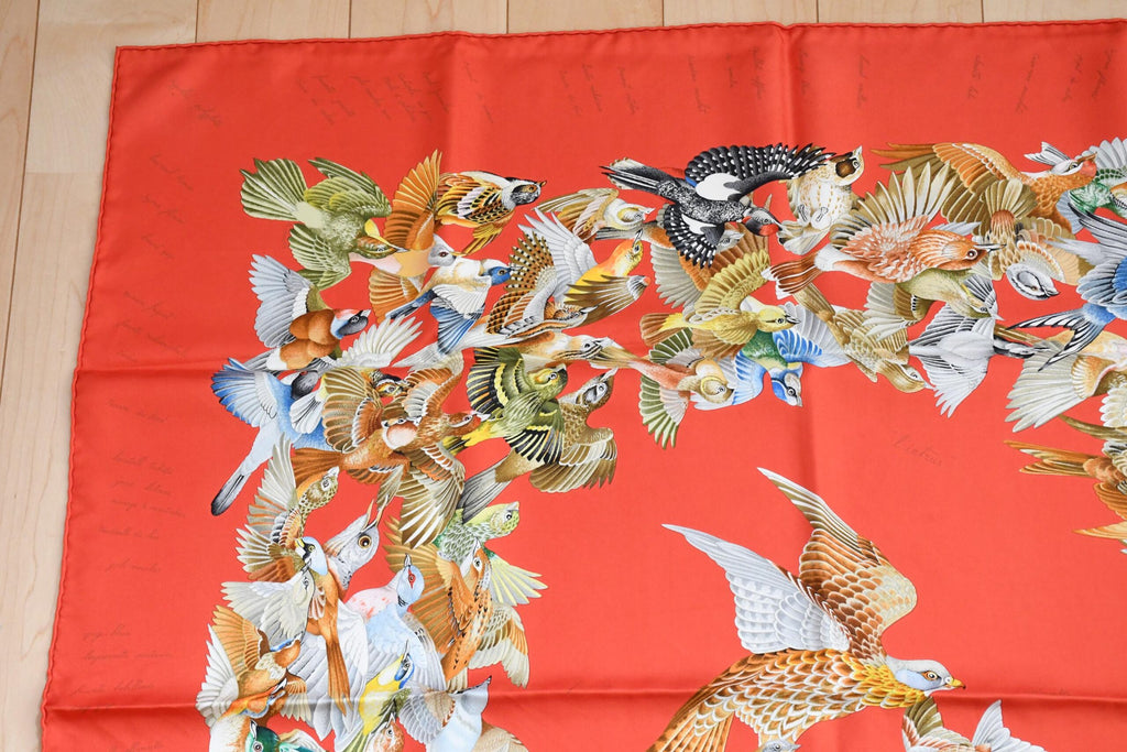 Hermes Scarf L'intrus Silk 90 cm red invader bird forest Carre 35"