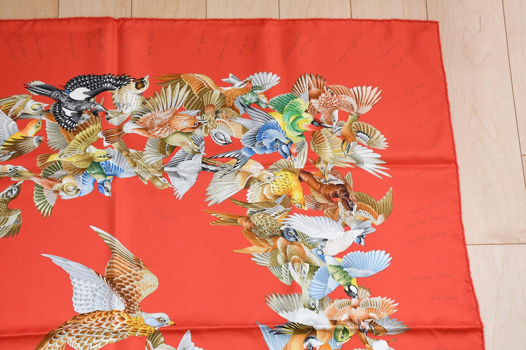 Hermes Scarf L'intrus Silk 90 cm red invader bird forest Carre 35"