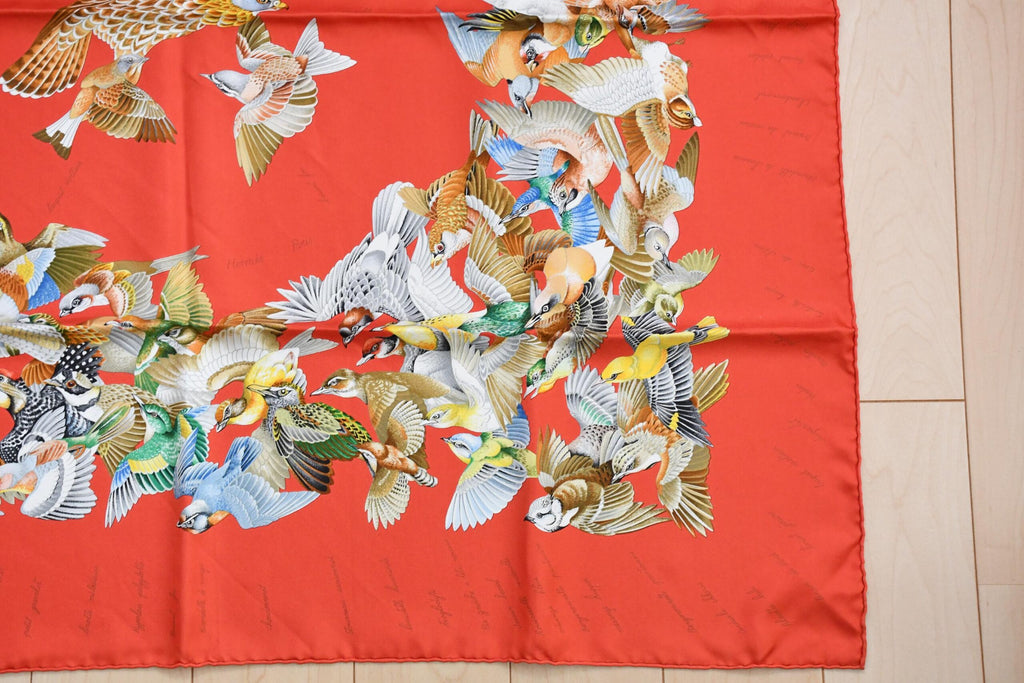 Hermes Scarf L'intrus Silk 90 cm red invader bird forest Carre 35"