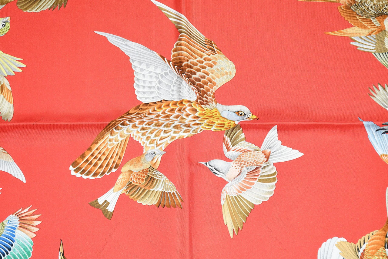 Hermes Scarf L'intrus Silk 90 cm red invader bird forest Carre 35"