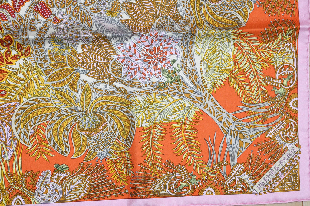 Hermes Scarf Maitres de la Foret 90 cm silk orange forest tree 35"
