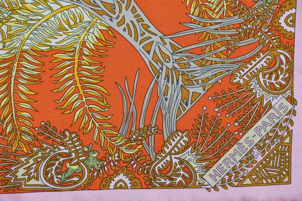 Hermes Scarf Maitres de la Foret 90 cm silk orange forest tree 35"