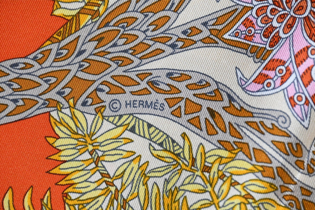 Hermes Scarf Maitres de la Foret 90 cm silk orange forest tree 35"