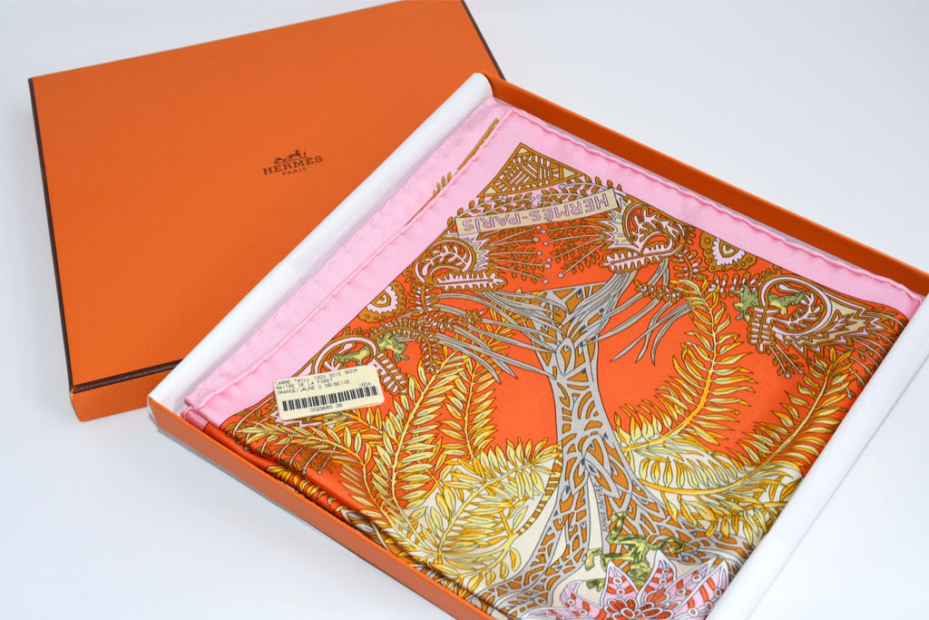 Hermes Scarf Maitres de la Foret 90 cm silk orange forest tree 35"