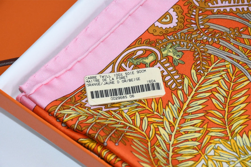 Hermes Scarf Maitres de la Foret 90 cm silk orange forest tree 35"
