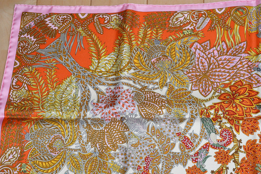 Hermes Scarf Maitres de la Foret 90 cm silk orange forest tree 35"