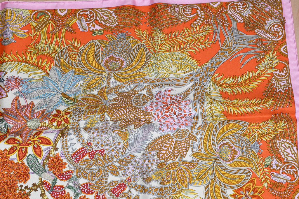 Hermes Scarf Maitres de la Foret 90 cm silk orange forest tree 35"