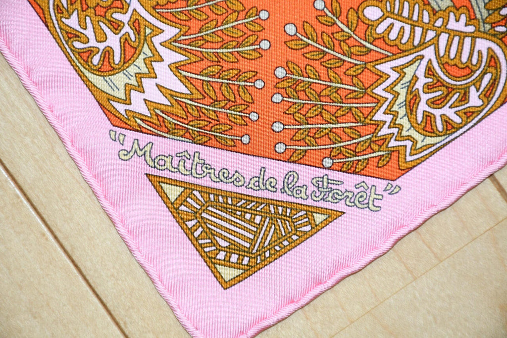 Hermes Scarf Maitres de la Foret 90 cm silk orange forest tree 35"