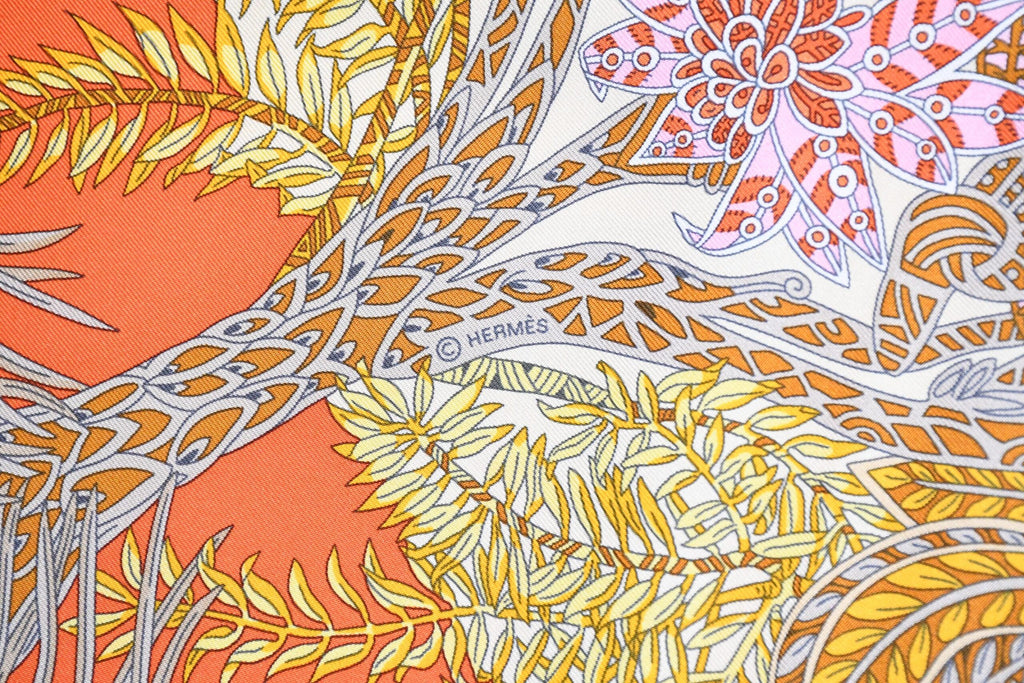 Hermes Scarf Maitres de la Foret 90 cm silk orange forest tree 35"