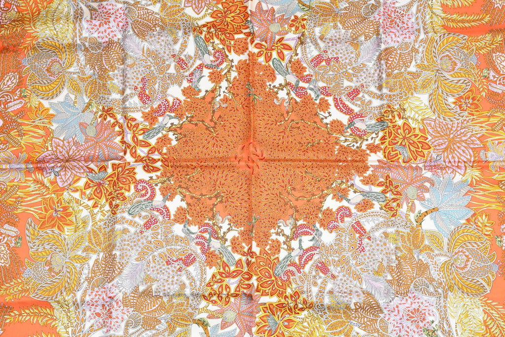 Hermes Scarf Maitres de la Foret 90 cm silk orange forest tree 35"