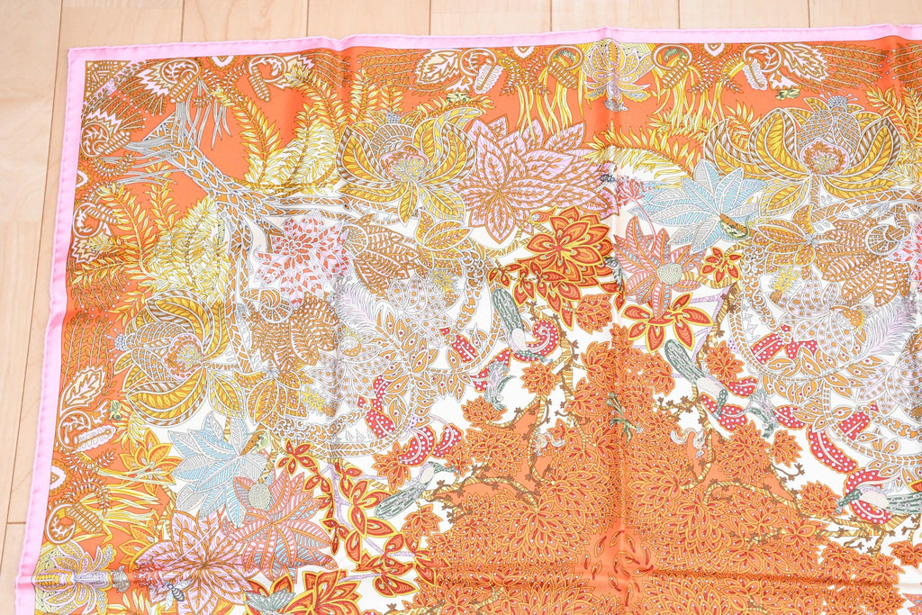 Hermes Scarf Maitres de la Foret 90 cm silk orange forest tree 35"