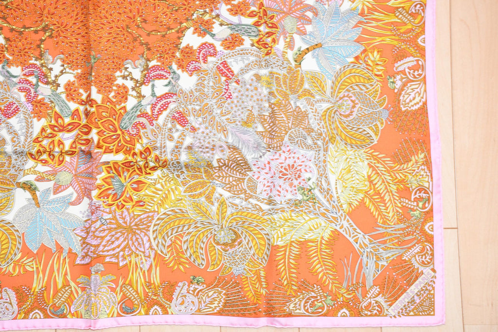 Hermes Scarf Maitres de la Foret 90 cm silk orange forest tree 35"