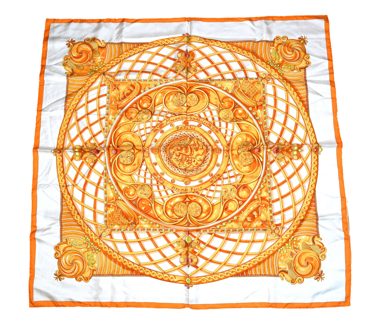 Hermes Scarf Monnaies Et Symboles Des Parisii 90 cm Silk Orange RAK