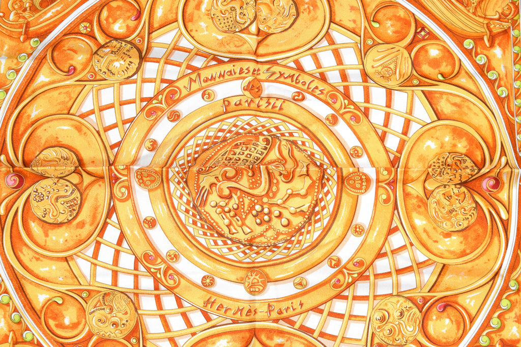 Hermes Scarf Monnaies Et Symboles Des Parisii 90 cm Silk Orange RAK
