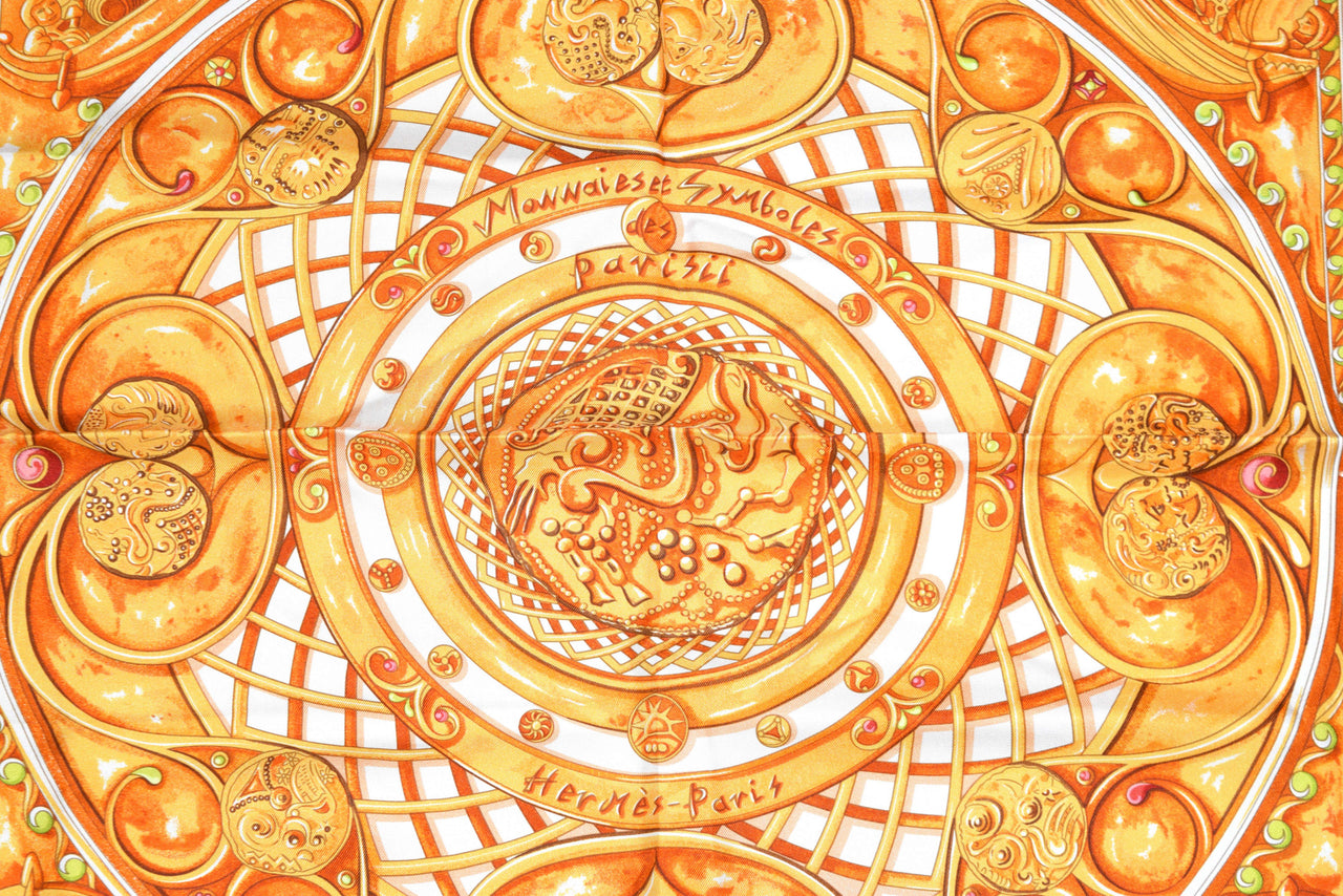 Hermes Scarf Monnaies Et Symboles Des Parisii 90 cm Silk Orange RAK