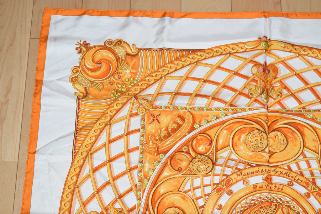 Hermes Scarf Monnaies Et Symboles Des Parisii 90 cm Silk Orange RAK