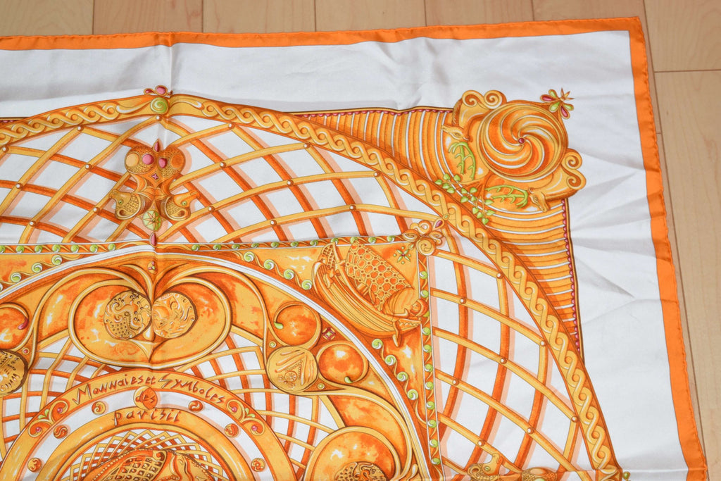 Hermes Scarf Monnaies Et Symboles Des Parisii 90 cm Silk Orange RAK