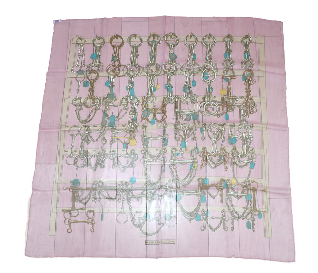 Hermes Scarf Mors et Filets 90 cm Chiffon Silk mousseline Pink chain muslin 35"