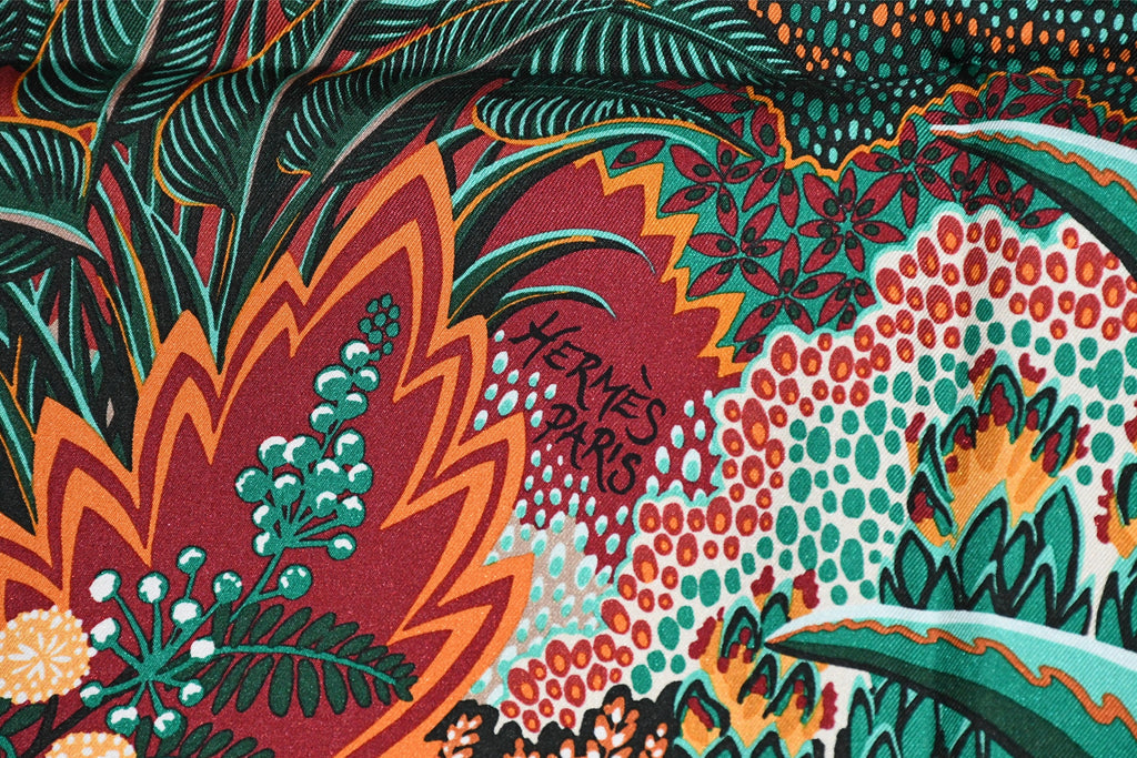 Hermes Scarf Mountain zebra 90 cm silk green red Carre flower animal 35"
