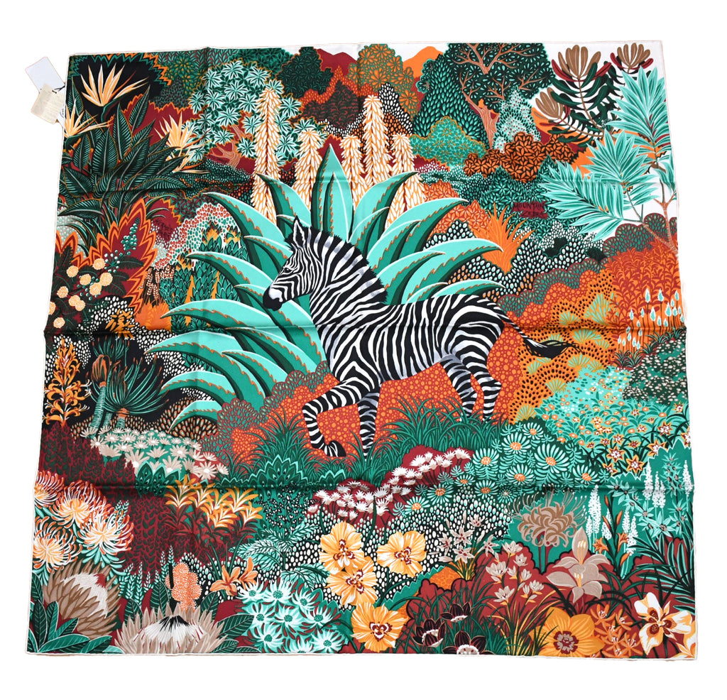 Hermes Scarf Mountain zebra 90 cm silk green red Carre flower animal 35"