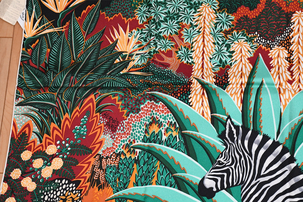 Hermes Scarf Mountain zebra 90 cm silk green red Carre flower animal 35"