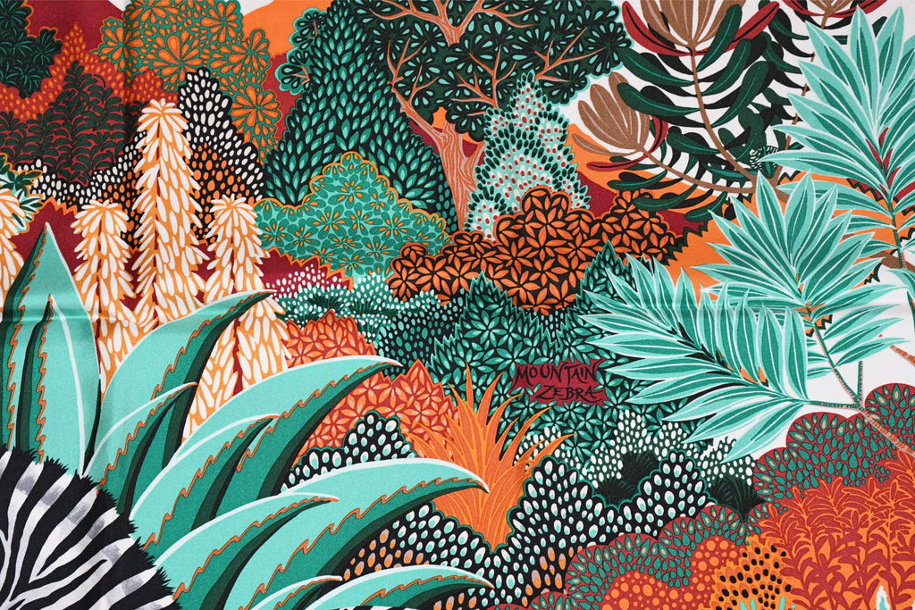 Hermes Scarf Mountain zebra 90 cm silk green red Carre flower animal 35"