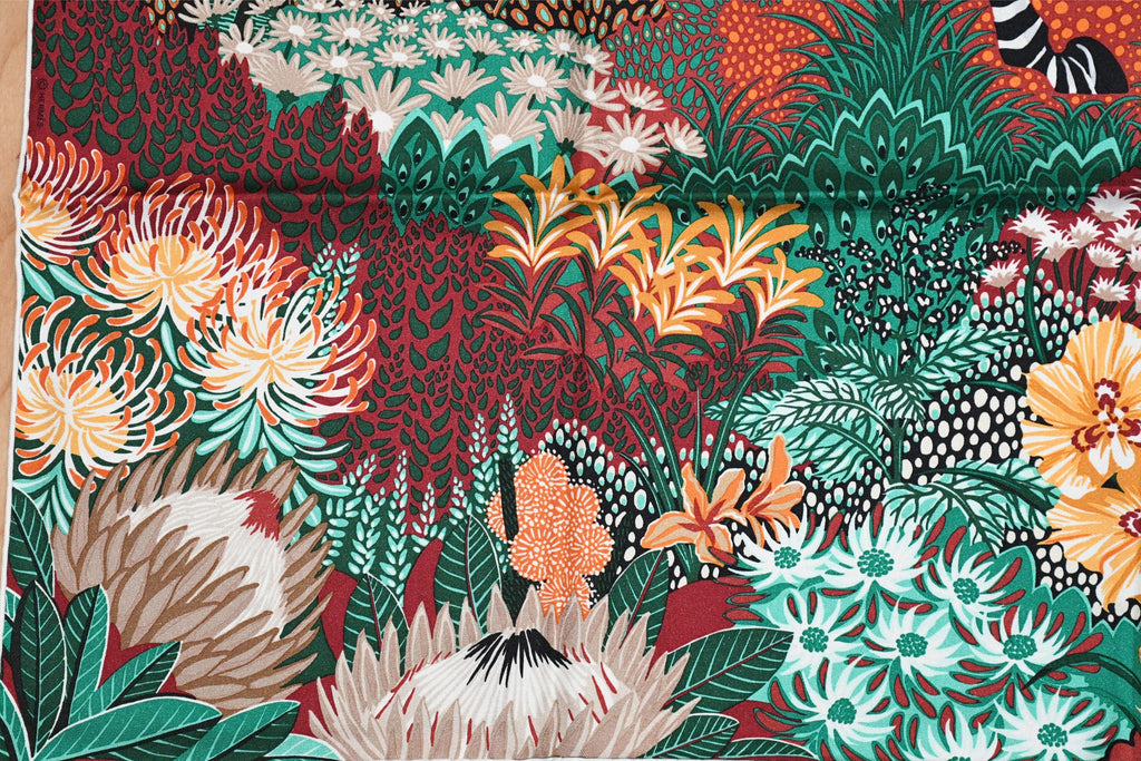 Hermes Scarf Mountain zebra 90 cm silk green red Carre flower animal 35"