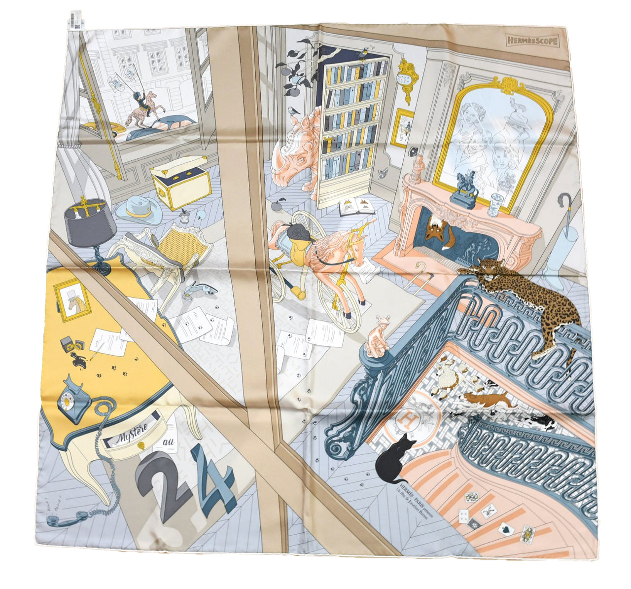 Hermes Scarf Mystere au 24 silk 90 cm gray pink panther animal mystery Carre 35"
