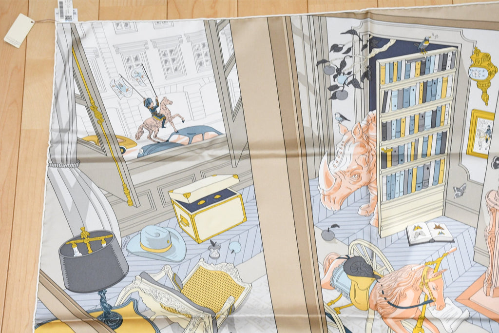 Hermes Scarf Mystere au 24 silk 90 cm gray pink panther animal mystery Carre 35"