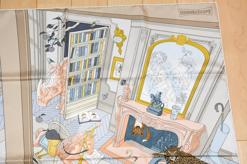 Hermes Scarf Mystere au 24 silk 90 cm gray pink panther animal mystery Carre 35"