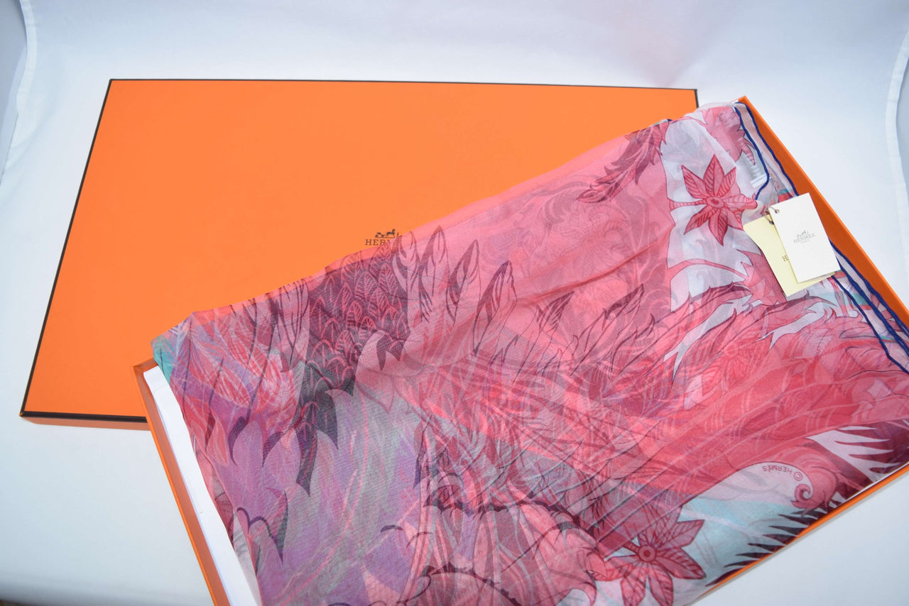 Hermes Scarf Mythique Phoenix 63 x 180 cm Chiffon Silk muslin rose green Shawl
