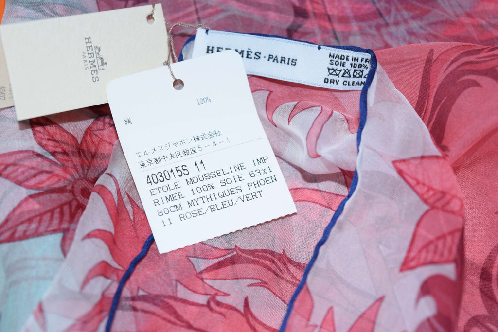 Hermes Scarf Mythique Phoenix 63 x 180 cm Chiffon Silk muslin rose green Shawl
