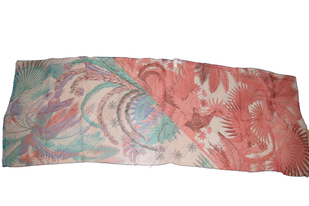 Hermes Scarf Mythique Phoenix 63 x 180 cm Chiffon Silk muslin rose green Shawl