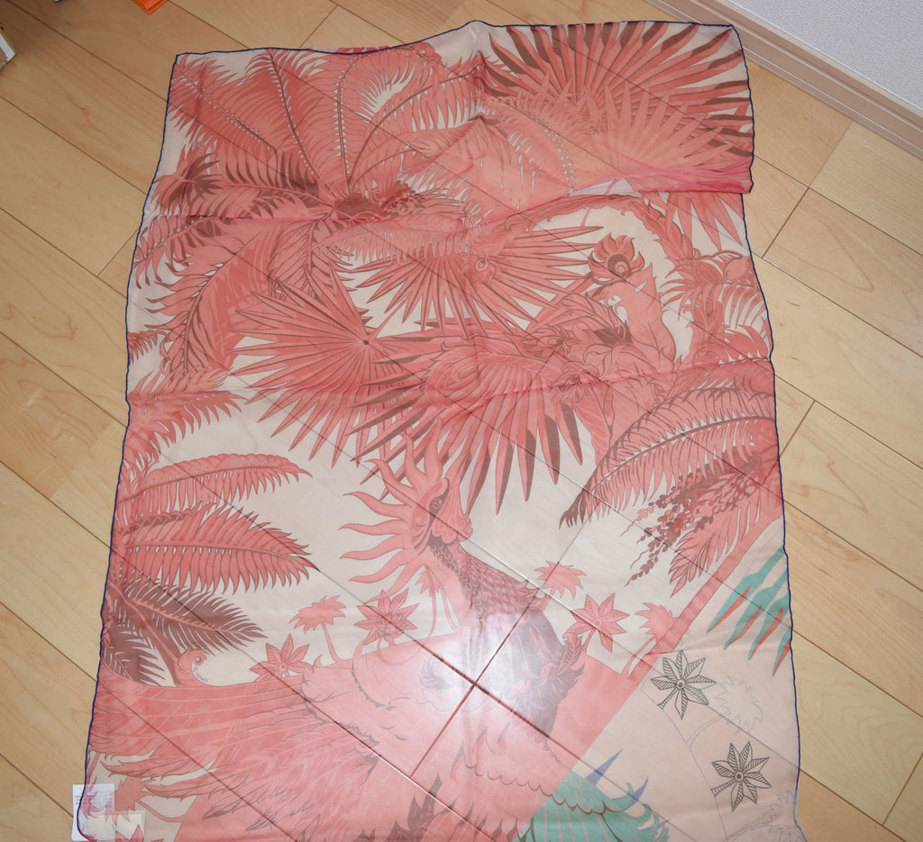 Hermes Scarf Mythique Phoenix 63 x 180 cm Chiffon Silk muslin rose green Shawl