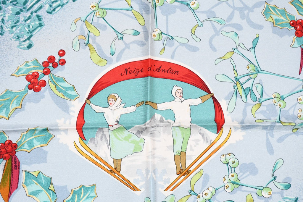 Hermes Scarf Neige d'Antan Silk 90 cm blue snow ski Carre 35"