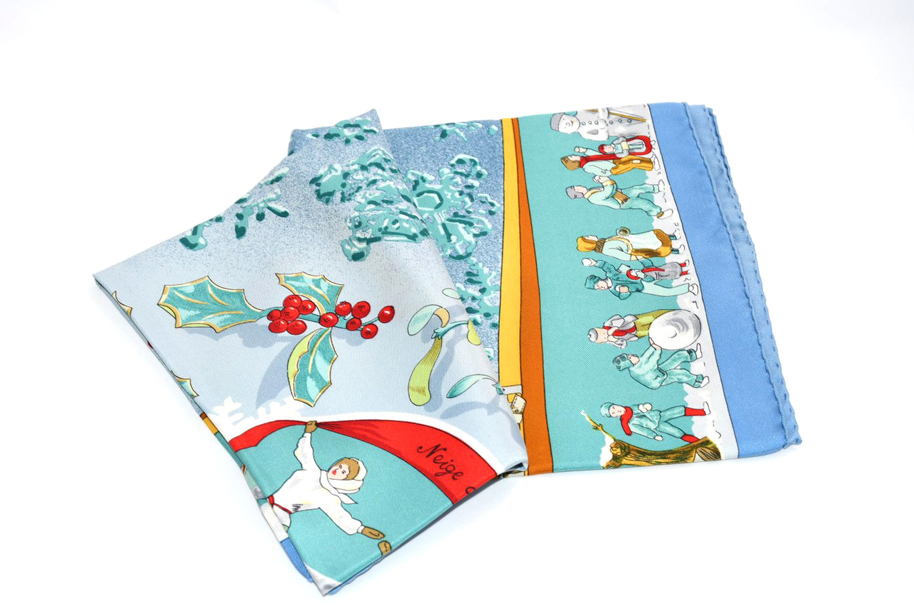 Hermes Scarf Neige d'Antan Silk 90 cm blue snow ski Carre 35"
