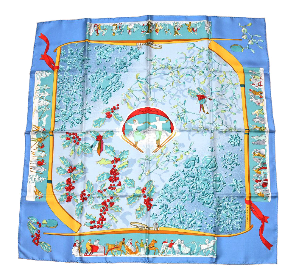 Hermes Scarf Neige d'Antan Silk 90 cm blue snow ski Carre 35"