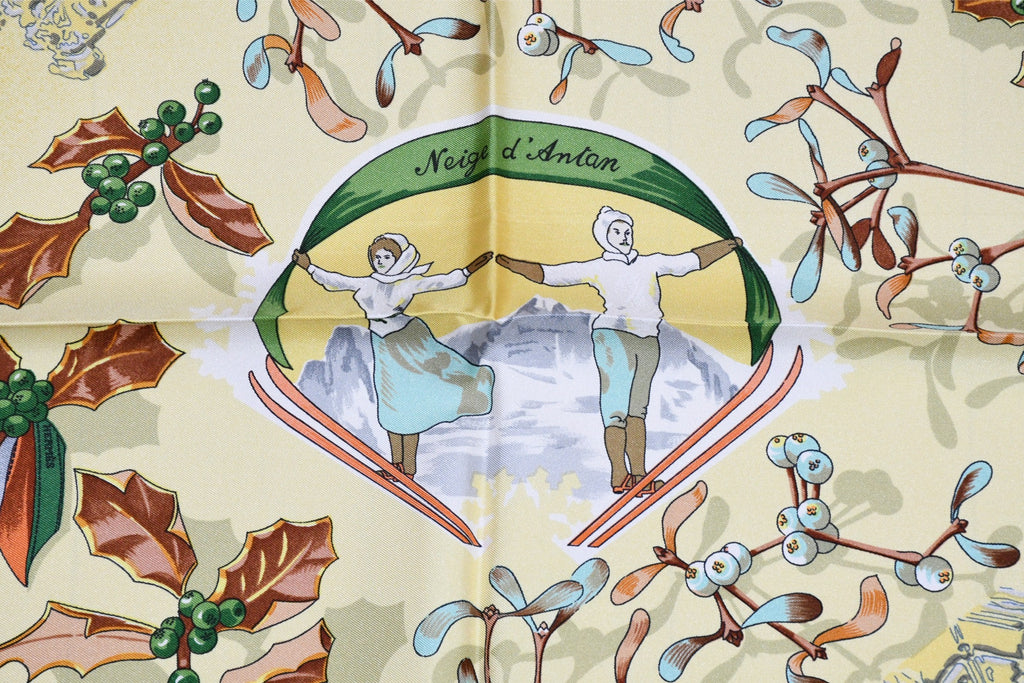 Hermes Scarf Neige d'Antan Silk 90 cm yellow Snow ski Carre 35"